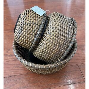NWT Set of 3 Brown Wicker Weaved Decorative Nesting Baskets Bowls Round Boho